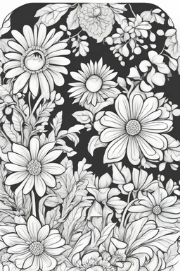black and white wide beautiful cute floral frame for coloring pages, use a lot of big flowers in the frame, go all the way to the edges for the frame and leave a lot of space in the middle of the page, use only black and white, clear crisp outlines, no black background, go all the way to the outer edges of the page, use more space in the center of the page, make it rounder, use less shading
