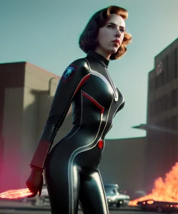 retro sci-fi portrait image from 1960, supermarket parking explosion, fire, classic black widow, young Scarlett Johansson, classic black tight lycra latex suit, retro 1960 superhero style, soft color, highly detailed, unreal engine 5, ray tracing, RTX, lumen lighting, ultra detail, volumetric lighting, 3d, finely drawn, high definition, high resolution.