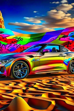 a realistic photo of a 2025 bmw z4,the car is spray painted with graffiti, desert background with sand storm to make the car stand out, colorful and stylish graffiti, 12k highly detailed and realistic , Masterpiece, dramatic product shot