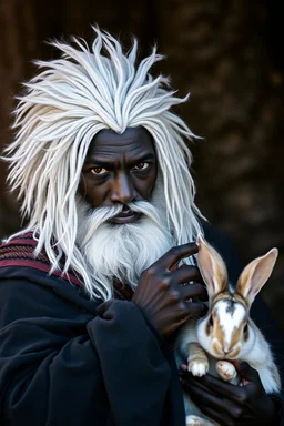 beautiful black skin warrior man white hair holding a rabbit