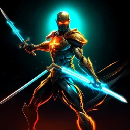 A legendary and wonderful long sword with in hand,A superhero man with infinite power and technology from the galactic race