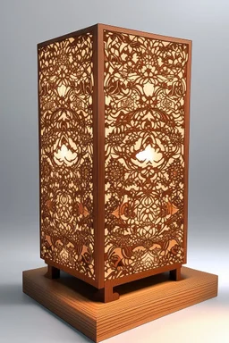 Create a product table lamp inspired by nyonya kebaya in wood material process laser cutting in white background