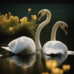 two swans in a romantic lake, dark green and warm yellow color, fantasy atmosphere, photo quality