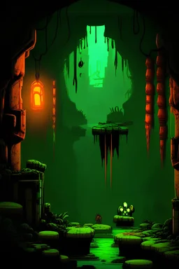 An animated 2d platformer of an apocalyptic sewer with small, has a dark green analogous color scheme with some orange complementary color to it. Very dark, mossy theme