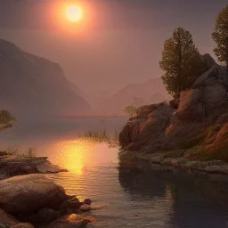 highly detailed indian lake landscape, sunset, illustration, cinematic lighting, 4k, 8k, octane render, digital concept art, trending on artstation, pinterest, extremely detailed, ambient lighting.