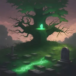 a glowing emerald green place, a tree, falling leaves, lightning, a glowing grave stone, chain