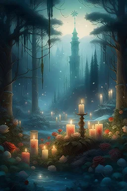 CANDLES ARE BURNING IN A WONDERFUL CLEARING IN A MAGICAL FOREST, THE NIGHT IS FULL MOON, SNOW, MAGIC Watercolor, double Chinese rose bush, ultra-detailed, morning, rain, greenery, beautiful landscape, fog, many details, delicate sensuality, realistic, high quality, 3d, work of art, hyperdetalization, filigree, foggy haze background, hyperrealism, professional, transparent, delicate pastel tones, back lighting, contrast, fantastic, unreal, translucent, glowing, clear lines, epic fabulous, fab