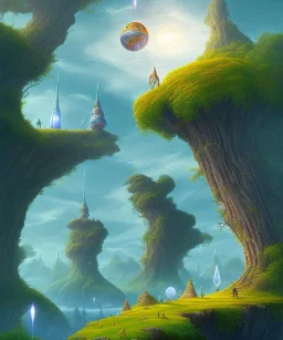 giant object with tiny people looking up at it , foreground, middle groun, far ground* Fantasy world landscape