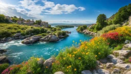 desktop wallpaper ,Turkey istanbul kus adasi,country side wavy rocky river ,wild flowers,blue sky nice clouds,