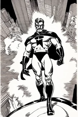 in the art style of neal adams -- an extremely muscular superhero man wearing a black, skintight, formfitting cowl, a black, skintight, formfitting, Kevlar bodysuit, Silver Wrist Gauntlets, Silver Belt, Silver knee-high boots, black gloves, silver "M" logo on the chest, a mustache and goatee, black gloves,