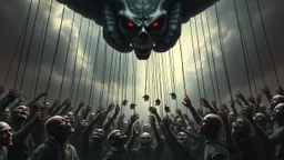an evil government looms above, pulling the strings of hundreds of puppets below, the news broadcasts the puppets' suffering everywhere, dystopian, dread, horror