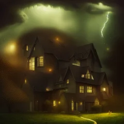 suburban home, being protected by a force field while a heavy dark storm encroaches, 8k resolution, high-quality, fine-detail, iridescent, intricate, digital art, detailed matte, volumetric lighting, illustration, brian froud, howard lyon, selina french, anna dittmann, annie stokes, lisa parker, greg rutowski