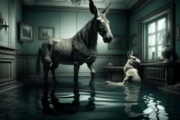 Imagen surrealista, un caballo y conejo con cuerpos humanos, en una habitación llena de agua. Color de la habitación azul claro, azul celeste.