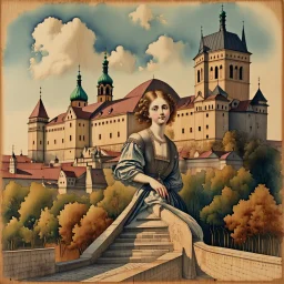 A mixed-media picture of Lutsk XIX-th century, created in the style of Bohdan Pylypiv — combining pyrography with delicate watercolor accents. The main outlines and facial features are rendered with fine woodburned lines, rich in sepia tones and texture, pastel colors