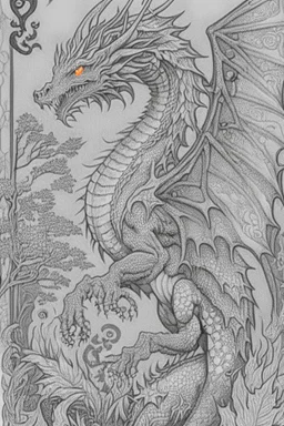 coloring book page of a magical dragon,monochrome, black and white, sharp, sketch drawing