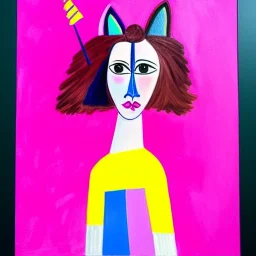 Retrato de una niña muy guapa llamada Dalia Santiago Arnau montando un unicornio rosa con el estilo de Pablo Picasso