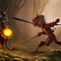 Fantasy image,d&d, medievil warrior running awsy from a Giant squirrel