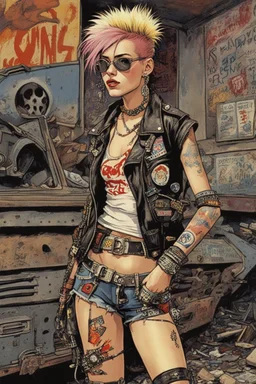 Tank Girl wore a patchwork of punk-rock attire, each piece a symbol of her fierce individuality. A tattered leather jacket, adorned with an eclectic assortment of pins and patches, clung to her lithe frame. Fishnet stockings ran beneath the cutoff shorts that defied the scorching heat. Her combat boots were worn and scuffed, bearing witness to countless adventures across the wastelands. In her grip, she held a weapon that was both her ally and her declaration of defiance—a hefty, modified firear