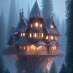 a magical house in the woods, vertical, vines, candlelit, endor, ornate, elegant, highly detailed, digital painting, artstation, concept art, smooth, sharp focus, illustration