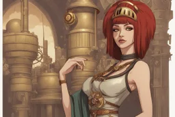 a skinny Cleopatra, with a bob red hairstyle, standing in a steampunk setting.