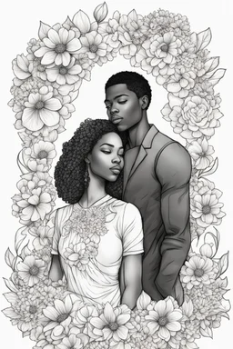 Create outline art of coloring page of a black couple surrounded by blossoming flowers symbolizing the growth and beauty of their love. white background, sketch style, half of body, only use outlines, Mandala style, clean line art, white background no shadows and clear and well outlined.