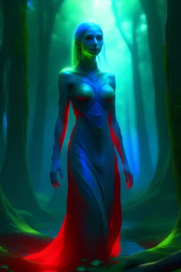 A beautiful Alien woman, with green skin, wearing a long blue deep-cut dress, her entire body and clothing, are surrounded by a red luminous glow. She floats about ten meters above the clearing in the great forest.