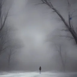 photograph, hyperreal, lost, feeling, person, biped, winter landscape, ice field, crystals, surreal, dreamlike, foggy