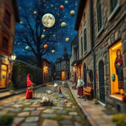 Photograph hasselblad h6d400c --ar 85:128 --v 6.0 of a fairy old bewitched street, trolls, made of felt art, tiltshift, 3d deep field, Yves Tanguy, galaxies and planets, needlepoint, Joan Miró, odd, abstract, expressionist style, colorful