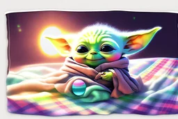 Cute happy Baby Yoda sits on a colourful plaid fleece blanket and plays with tiny floating phosphorescent planets in the sunlight