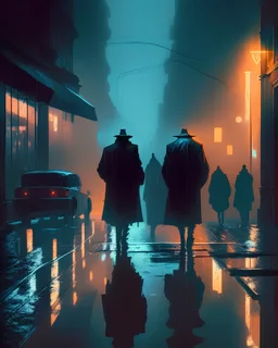 A rain-soaked city street, slick with the reflection of neon signs, the only source of light in an otherwise dark and mysterious scene. Long shadows stretch across the pavement as silhouettes of trench-coated figures move through the fog, hinting at secret meetings and hidden agendas.