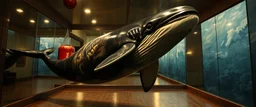 whale as punching bag, painted by Rembrandt, inside reflective mirror house, infinite mirrors