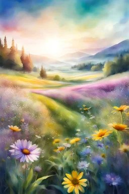 "Beautiful hippie long exposure Digital watercolor Illustration of a Beautiful hippie, an field of wild flowers, Stylized watercolor art, Intricate, 3D, HDR, Sharp, soft Cinematic Volumetric lighting, pastel colours, perfect wide long shot visual masterpiece"