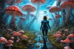 Woman in an Android suit, Walking Through Alien Mushrooms With Jellyfish Tentacles, Floating Through An Alien Forest, Floor and walls Covered In Mushrooms, Photorealistic, Deep Colour, Intricate Detail, Sunshine, Blue Sky