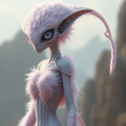 extraterrestrial being, female, human base, otherworldly, pastel pink fur-covered skin, large lavender eyes, long feathery tail, alien, intricately designed, highly detailed, Greg Rutkowski