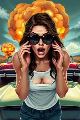 an young woman leaning forward(cropped tightly from between nose and stomach, white top with wide neck opening, cleavage, hands at side of face, with surprised expression, home alone scream, wavy hair, large cheep sunglasses), nuclear explosion and 1950s Cars in background, greaser, digital painted illustration