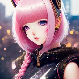 Detailed cute anime rabbit girl, pink hair buns, pink bangs, black latex bodysuit, intricate details, full body portrait, keep head in frame, slight smile, black Japanese motif, concept art, highly detailed, digital painting, concept art, sharp focus, illustration, art by Yoji Shinkawa, WLOP and greg rutkowski and alphonse mucha and artgerm and yanjun Chen and Junji ito and Makoto Shinkai, HDR, octane render