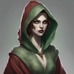 generate a dungeons and dragons character portrait of a female serpent person rouge thief who has green scales on her pale skin, a snake tongue. She is wearing a hooded robe. Make her snake tongue visible. Make her look evil.