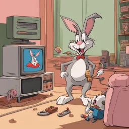 bugs bunny watching a tv about a video game with a pig doing music