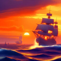 Θαλασσινο τοπιο, ηρεμη θαλασσα, Αγγλικα καράβια, πειρατικο καράβι, ηρεμος καιρός, ηλιοβασιλεμα, πορτοκαλί συννεφα, μωβ ουρανος, ήλιος, εξαιρετικες λεπτομερειες, κιμηματογραφική απόδοση, 4k.