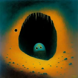 Style by Pawel Kuczynski and Squeak Carnwath and Zdzislaw Beksinski, dramatic '70s nightmare ultra sinister underground cartoon, shy anthropomorphic monsters jumping down an abyssal hole in the earth,