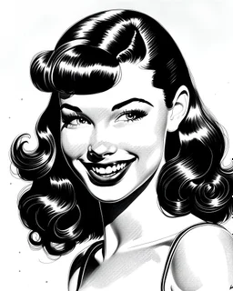 Beautiful black and white pencil drawing of pinup model, Bettie Page. She is smiling at the viewer.