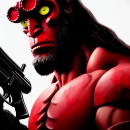 ultra detailed fullbody portrait of Hellboy aiming with pistol , extremely detailed digital painting, intrincate, extremely detailed face,crystal clear Big eyes, in the style of Ashley Wood, mystical colors , perfectly centered image, perfect composition, rim light, beautiful lighting,8k, stunning scene, raytracing