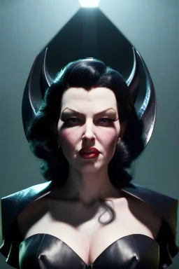 Lana Turner as evil queen in black leather, leather, busty, cleavage, angry, stern look. character design by cory loftis, fenghua zhong, ryohei hase, ismail inceoglu and ruan jia. unreal engine 5, artistic lighting, highly detailed, photorealistic, fantasy