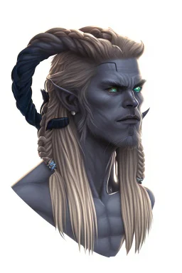 A tieffelin with blue skin and white Dreadlock hair. His pupil-less eyes are green. He wears a small beard.