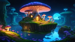 "A floating island in a fantasy setting, interconnected with other islands by glowing mushroom roots. The island features a whimsical mushroom house, bioluminescent flora, and a winding pathway. Soft, ethereal lighting illuminates the scene, and the background hints at a vast, magical world. The style should be reminiscent of Studio Ghibli, with high detail and vibrant colors."