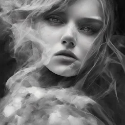 portrait of woman with a somber look and a face fading into clouds, highly detailed angular black and white, oil painting.