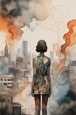 acrylic and watercolor and line tint painting of a sad young woman standing in front of a city entirely made of smoke, bronze - skinned, geometric curves, featured art, philosophical splashes of colors, art brought to life, soul shock