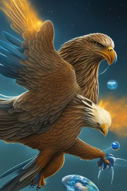 Eagle is flying in the space and is holding the earth in his claws.