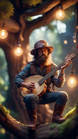 portrait of hairy rock banjo ninja sweet cucumber cowboy living inside a tree house in a hollow huge tree growing light bulbs, singing in the spotlight with smoke coming from below,bokeh like f/0.8, tilt-shift lens 8k, high detail, smooth render, down-light, unreal engine, prize winning