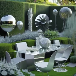 A picture of a modern garden with silver party decoration